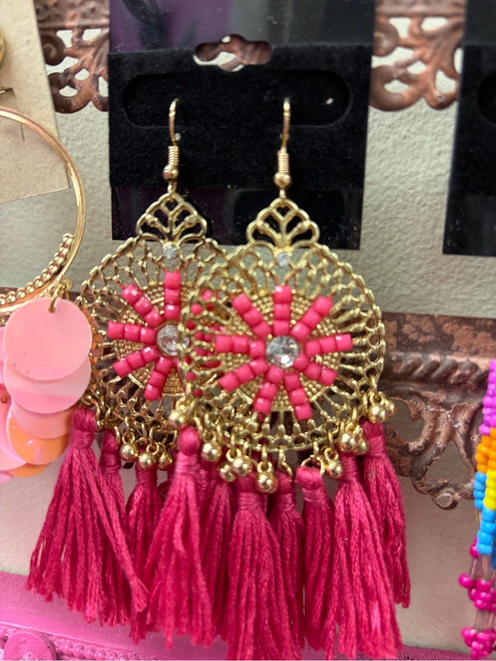 Boho Gold Filigree Tassel Earrings with Hot Pink Bead Accents